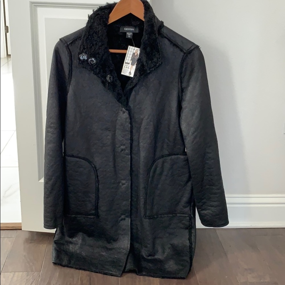 NEW Karen Kane Leather and Shearling Coat in Black